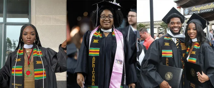 A collage of three separate photos of Stockton graduates, all wearing traditional black graduation gowns and caps and a colorful stole draped over their shoulders, featuring green, yellow, and red stripes with black accents.