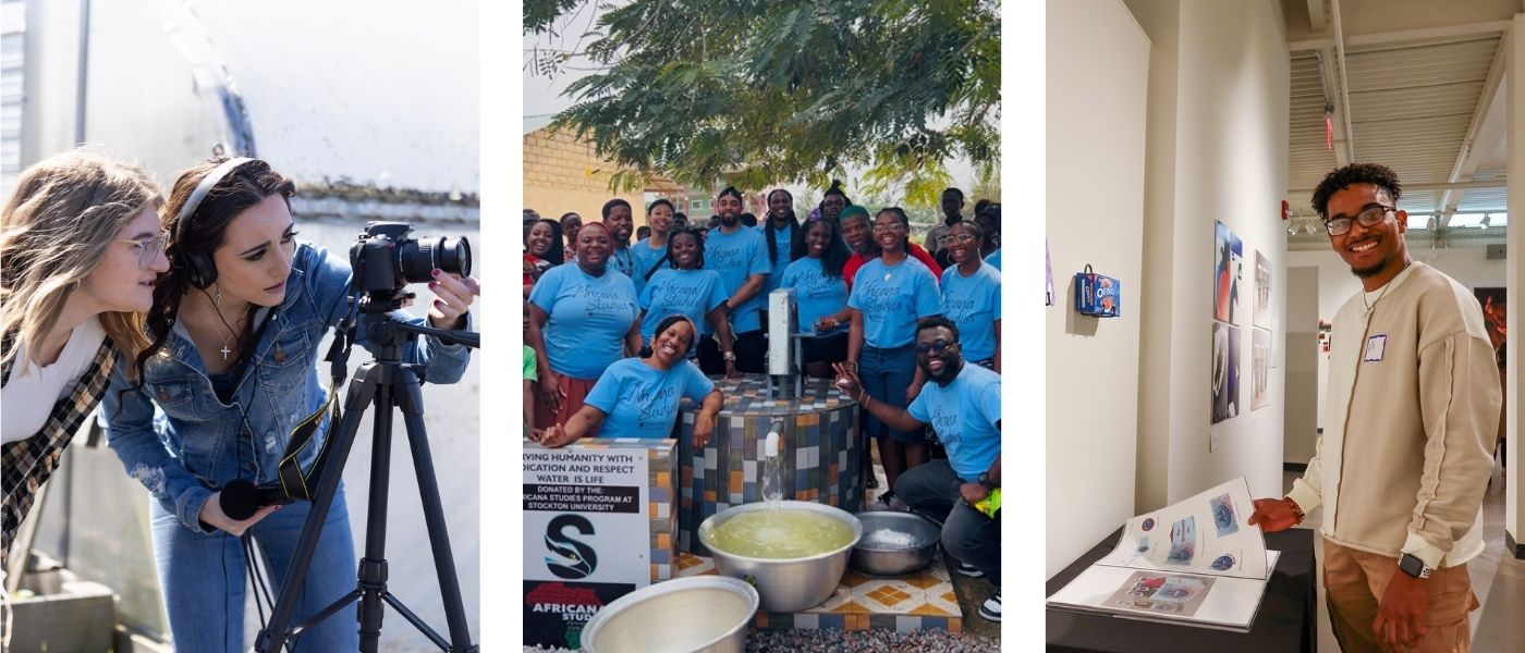 Students working in the field, traveling abroad, and showcasing their artwork.