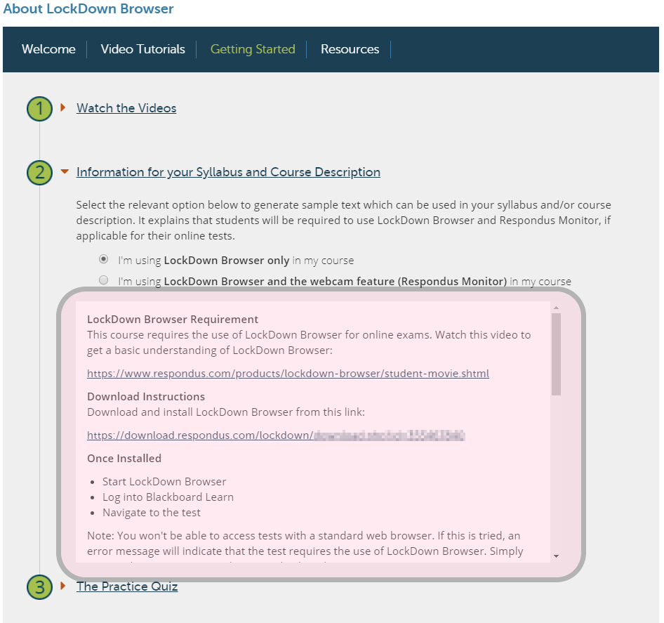 A screenshot of the Lockdown Browser getting started page, with a highlight around the syllabus information field.