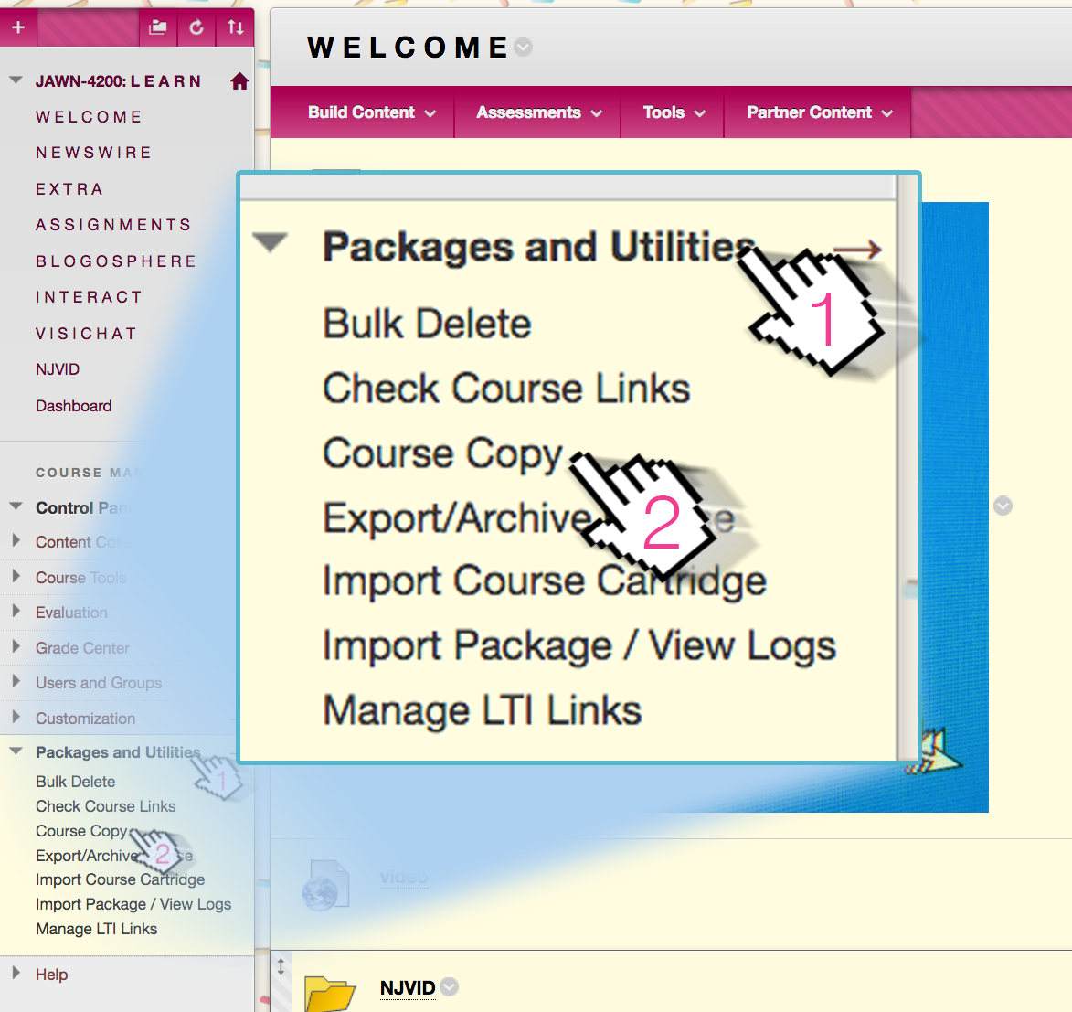 Screenshot depicting the links "Packages and Utilities" and "Course Copy"