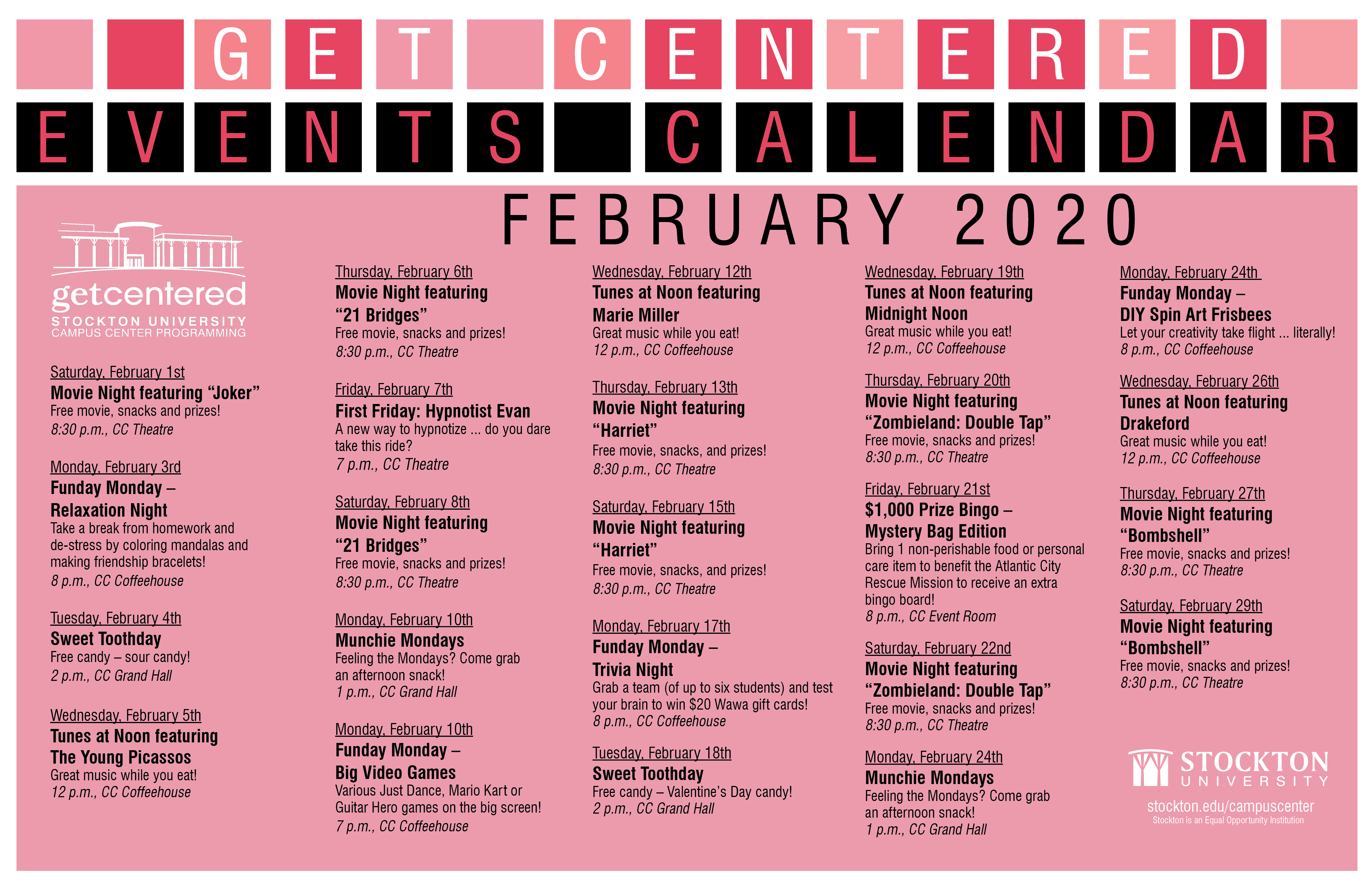 Get Centered Calendar Campus Center Stockton University