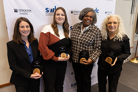 The Stockton Women's Leadership Council held its first-ever Excellence in Mentoring Awards on Friday, March 22. Recipients of the awards (L-R): Andrea Steinberg, CEO of Jewish Family Services; Tina Byrne '20 of Suasion Communications Group; Michele Myers '90 of Caesar's Entertainment; and Cookie Till '83 of A Meaningful Purpose at Reed's Farm.