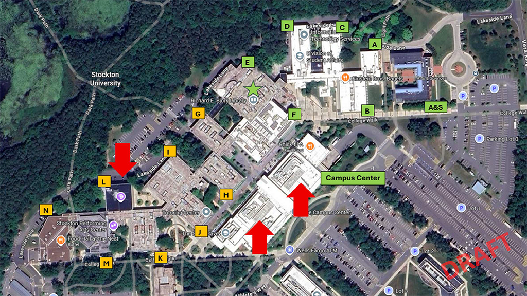 Aerial of main academic building identifying project locations.