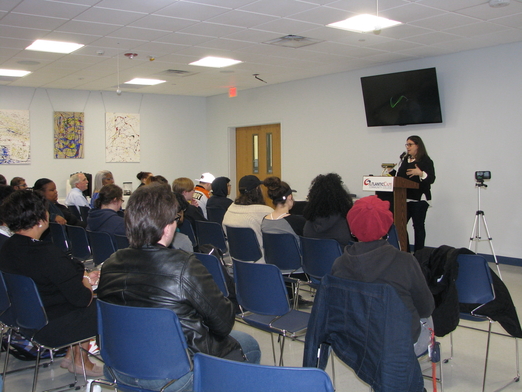 Alexandra Zapruder, author of "Salvaged Pages: Young Writers' Diaries of the Holocaust", speaks to students, faculty, and staff at Atlantic Cape Community College. The event was co-sponsored by The Sara and Sam Schoffer Holocaust Resource Center.
