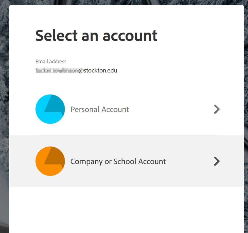 A screenshot of the Adobe Creative Cloud Select an Account page