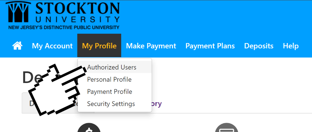 A screenshot of the Touchnet interface, with a hand pointing at the Authorize Users button.