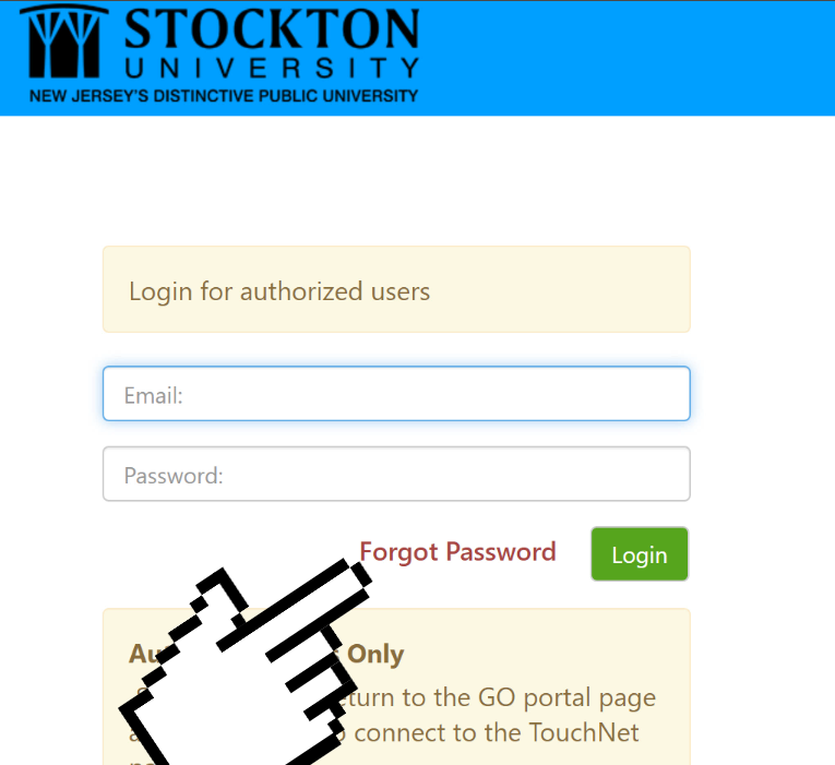 A screenshot of the Touchnet login page, with a hand indicating toward the Forgot Password button.