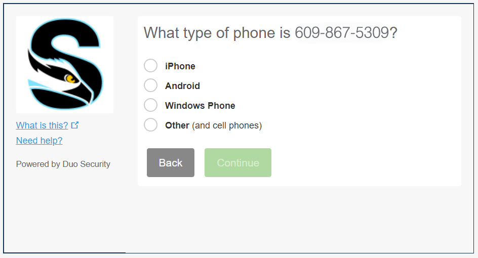 A screenshot showing the mobile phone type selection screen for Duo security