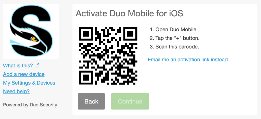 A screenshot showing the QR code used to activate a Duo mobile iPhone installation
