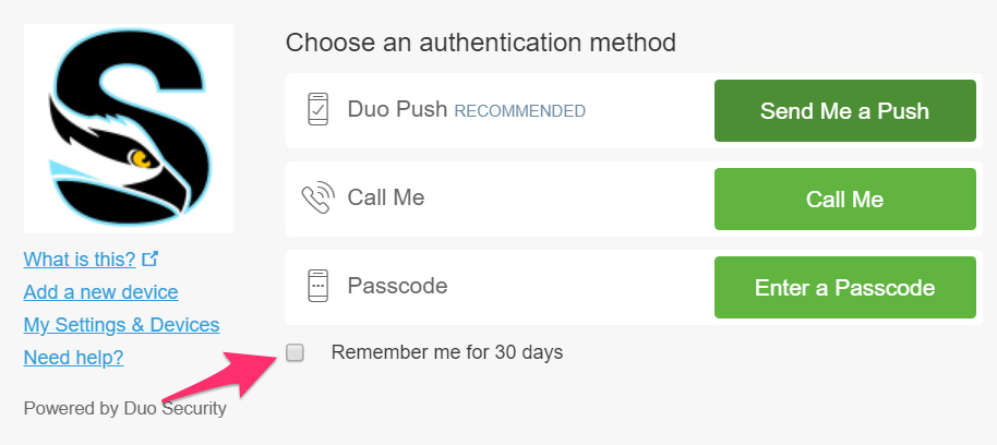 A screenshot showing the select authentication method menu in Duo security