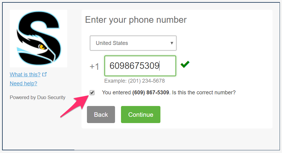 A screenshot showing the phone number entry screen for Duo security