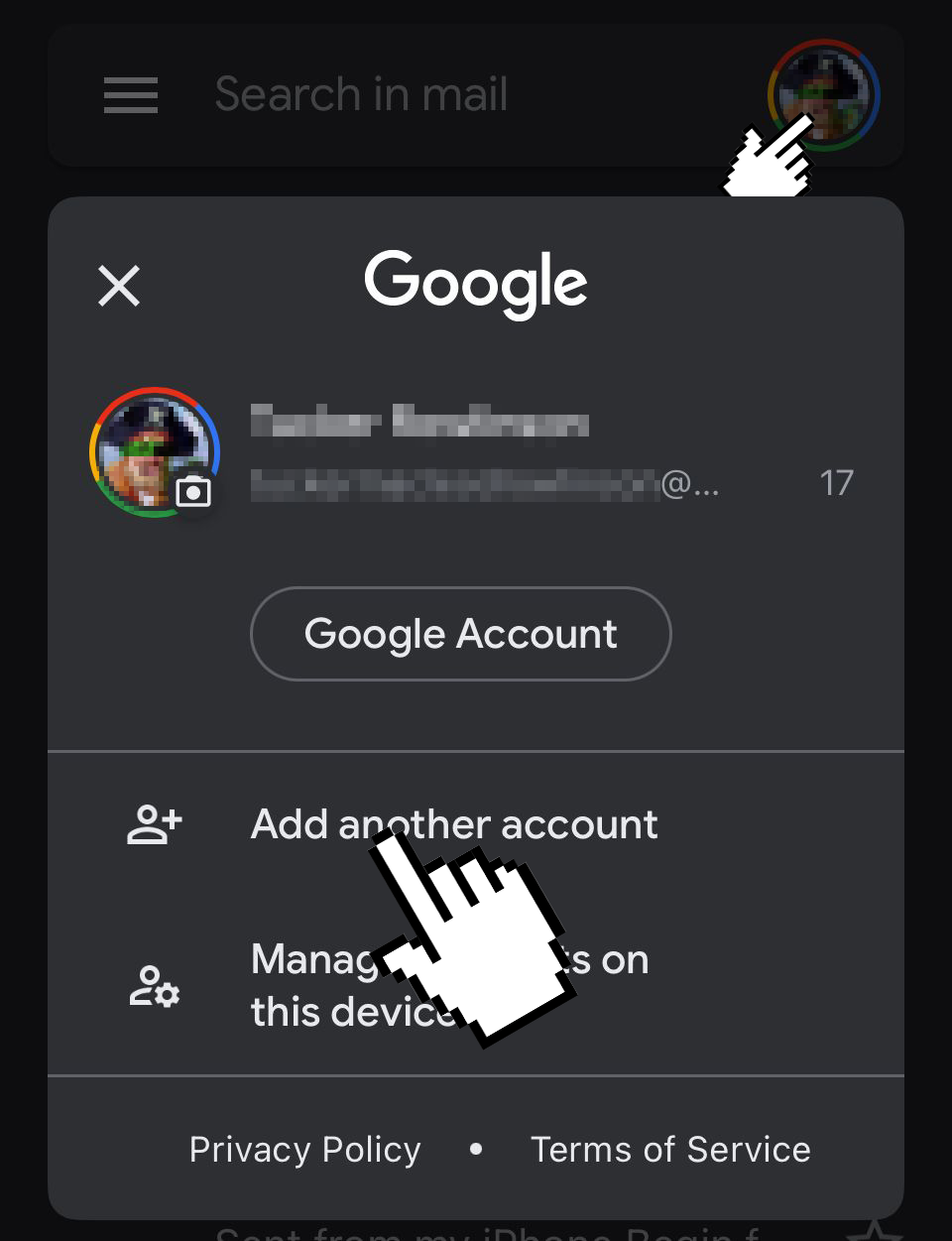 A screenshot of the gmail app with cursors indicating towards the account button and the Add Account button. 