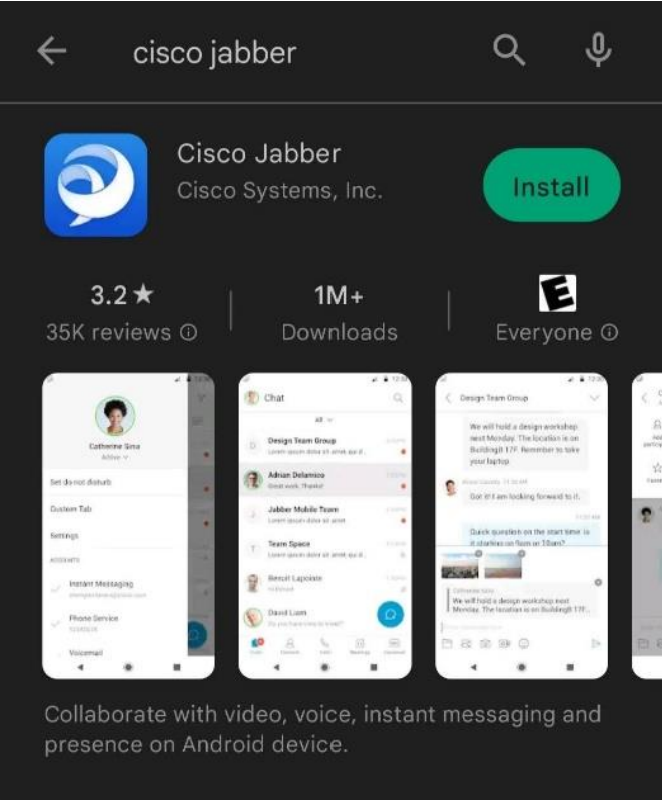 A screenshot of the Cisco Jabber app in the Google Play Store