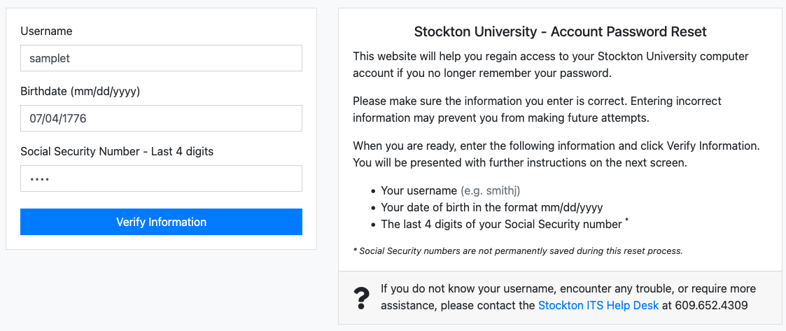 A screenshot of the GoStockton Portal password reset form. It indicates the three fields to fill in for identity verification - username, date of birth, and social security number.