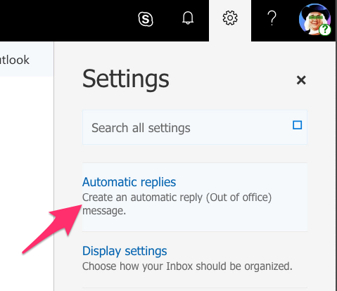 A screenshot of Outlook Web, showing the Automatic Replies option under the Settings menu.