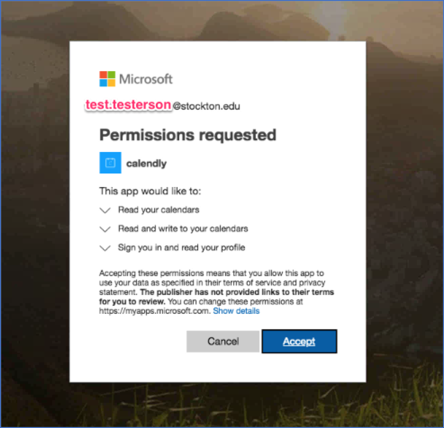 A screenshot of Calendly, showing the Office 365 permissions screen.