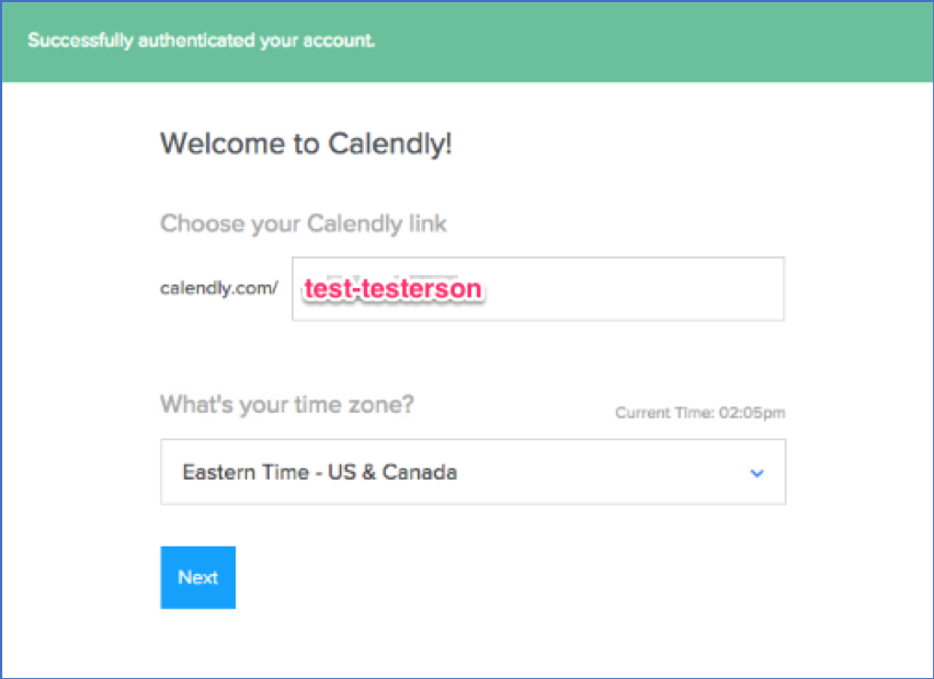 A screenshot of Calendly, showing the screen where you designate a calendar URL.