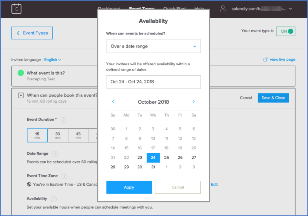 A screenshot of Calendly, showing the availability selection calendar.