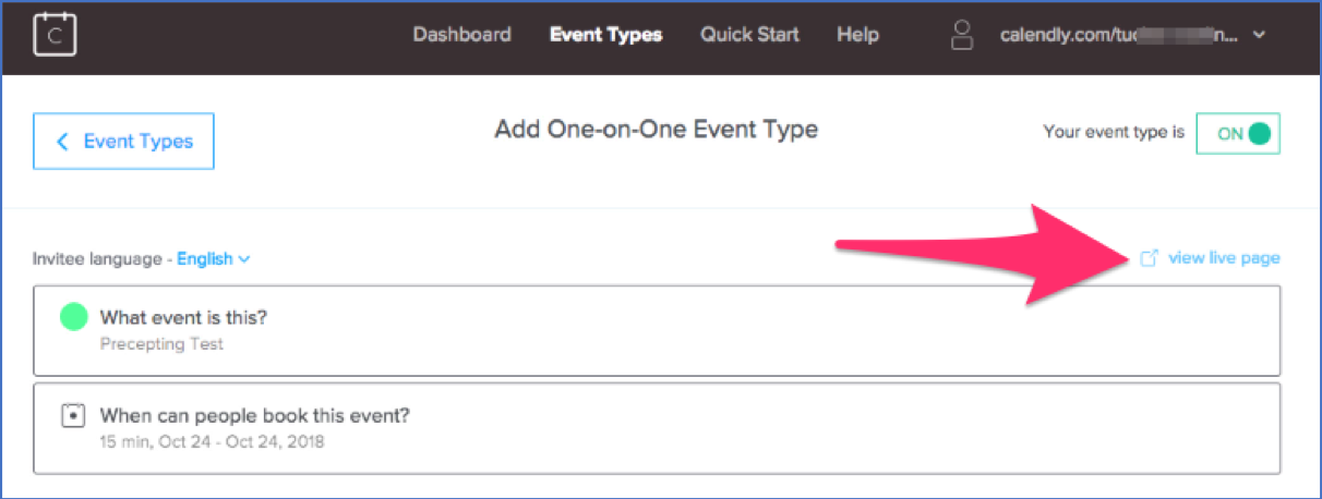 A screenshot of Calendly, showing how to access the live page for an event.