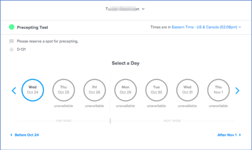 A screenshot of Calendly, showing the interface seen by students on the live event page.