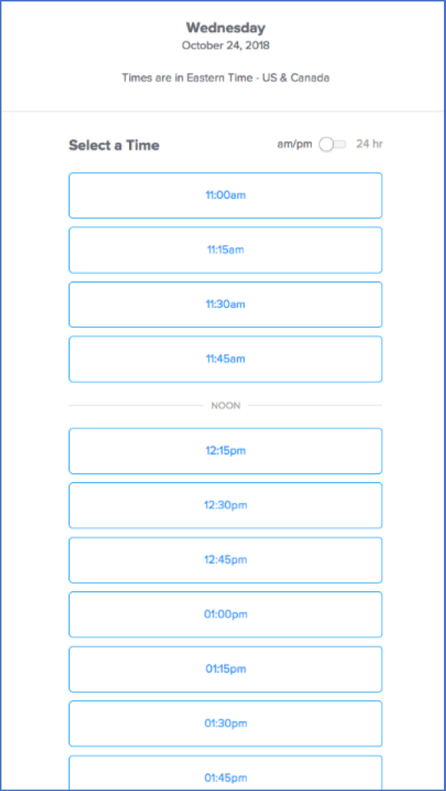 A screenshot of Calendly, showing how students select time slots for an event.