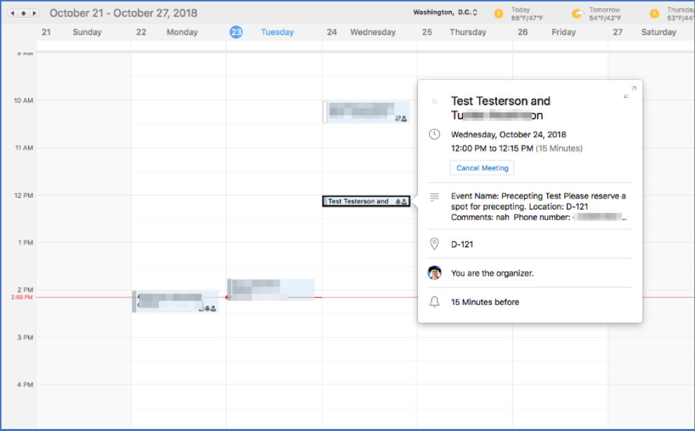 A screenshot of Calendly, showing how claimed time slots fill in an attached outlook calendar.