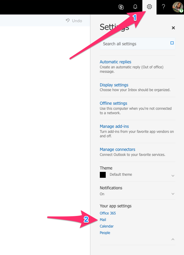 A screenshot detailing the locations of the settings icon and mail option in outlook web