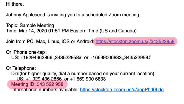 A screenshot of a zoom meeting invite email, with the join link and meeting ID highlighted