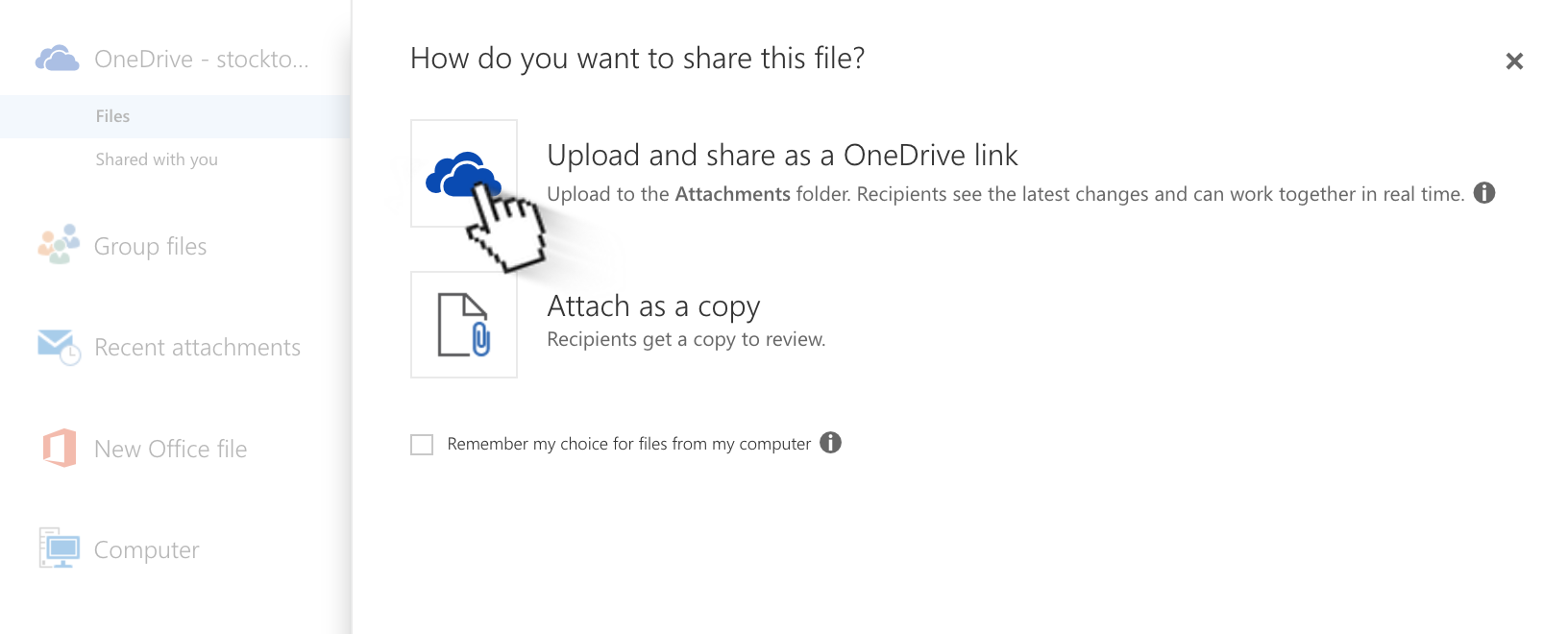 screenshot displaying the upload and share as a onedrive link option