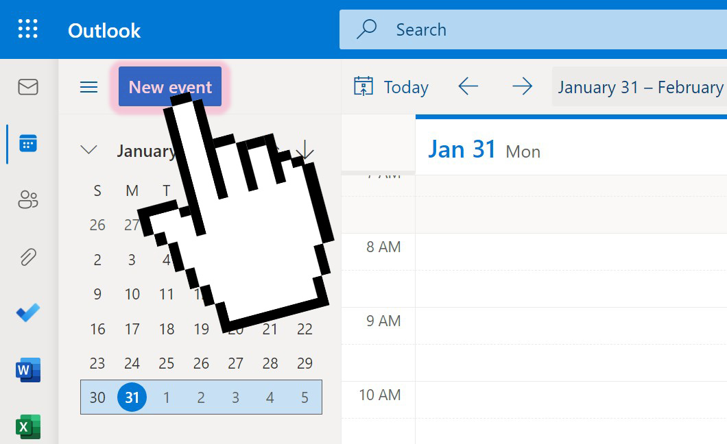 A screenshot of the Outlook Web calendar panel, with a cursor indicating to the New Event button