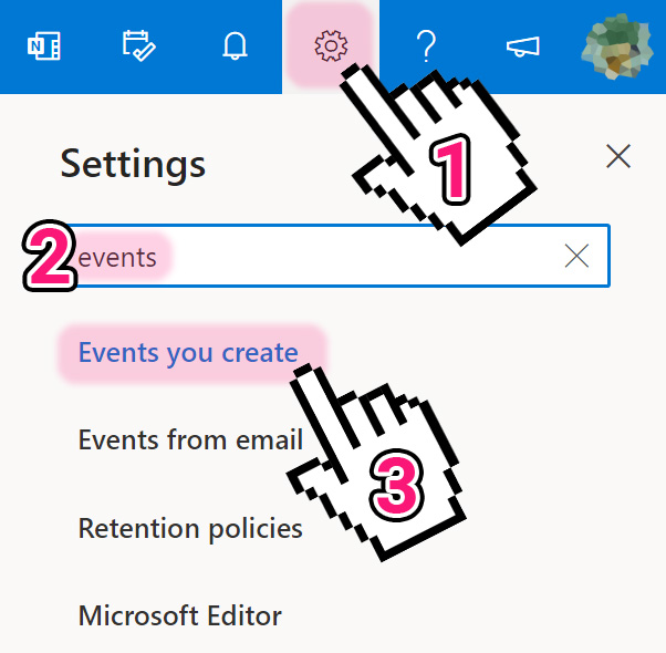 A screenshot of the Outlook Web Settings menu, indicating to search "events" and then choose the result "events you create"