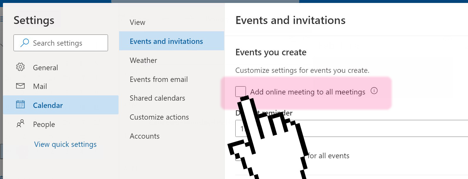 A screenshot of the Outlook Web Events and Invitations settings menu, with a cursor indicating to a setting "Add online meetings to all meetings" which is disabled.