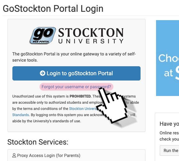 A screenshot of the GoStockton Portal login page, highlighting the "Forgot your username or password" link.