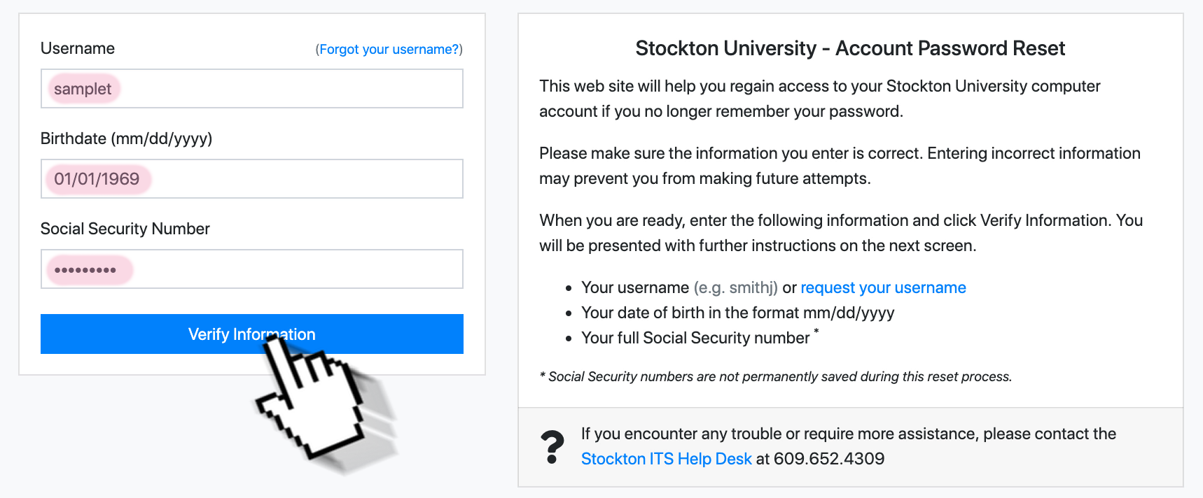 A screenshot of the GoStockton Portal password reset form. It indicates the three fields to fill in for identity verification - username, date of birth, and social security number.