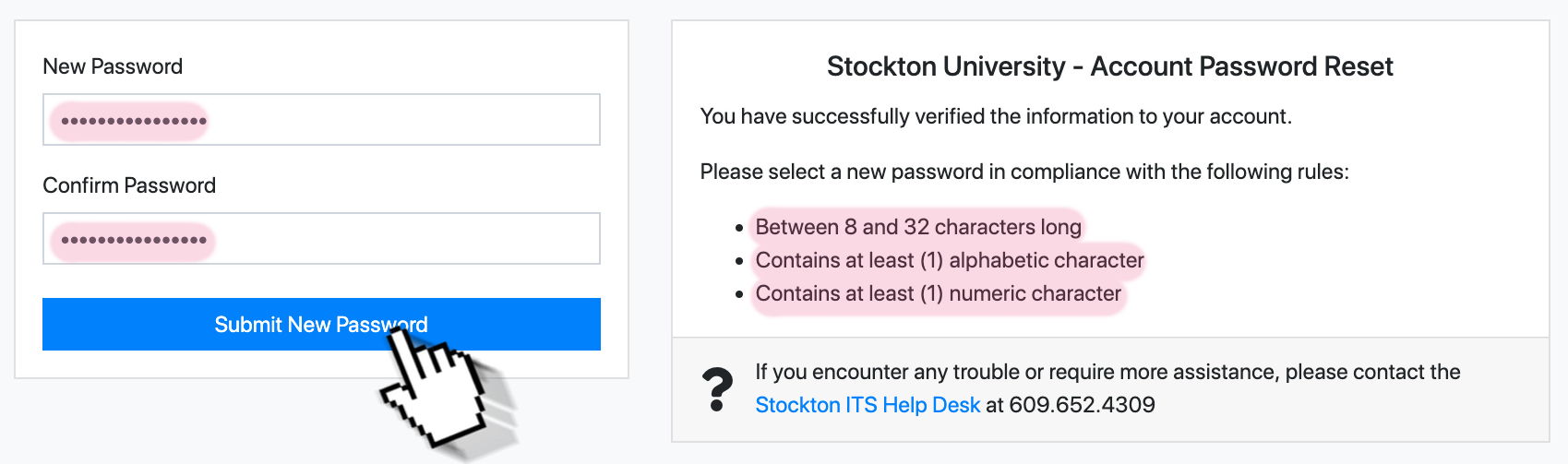 A screenshot of the GoStockton Portal password reset form. It indicates the two fields "new password" and "confirm password".