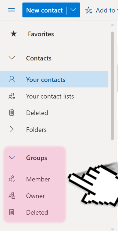 A screenshot of the Outlook Web Contacts menu, with a hand indicating towards the Groups section including the Member and Owner subsections.