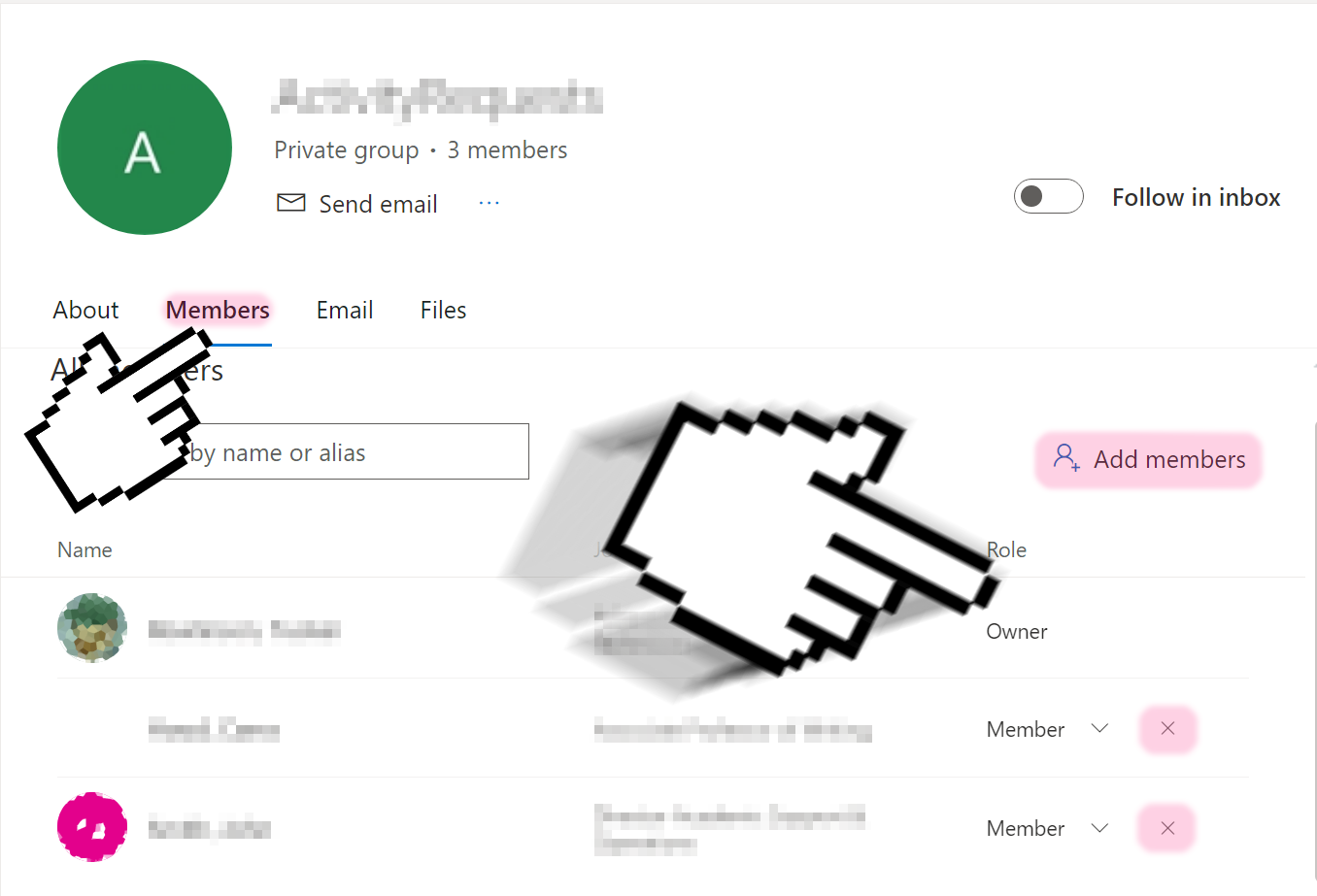 A screenshot of the Outlook Web Groups Member Management menu, with a hand indicating towards the Members tab, a highlight over the Add Members button, and a highlight over the X button to remove a member.