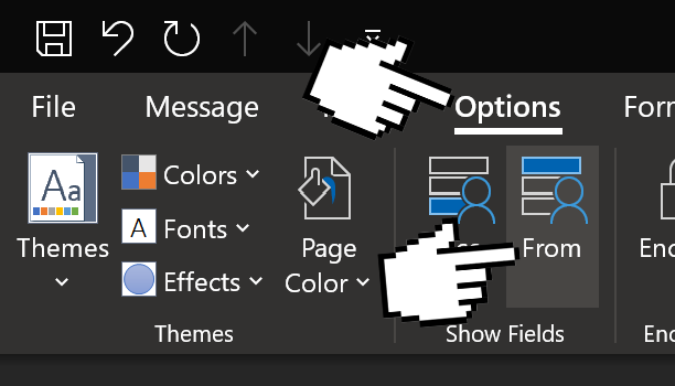 A screenshot of the Outlook ribbon menu, with a hand indicating toward the Option tab and the From button.