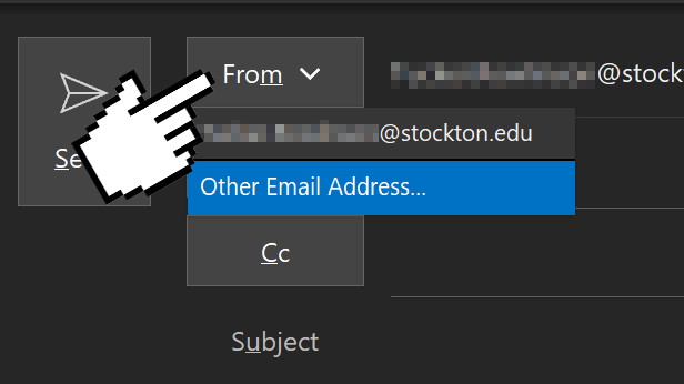 A screenshot of the Outlook message editing window, with a hand indicating toward the From drop-down menu.