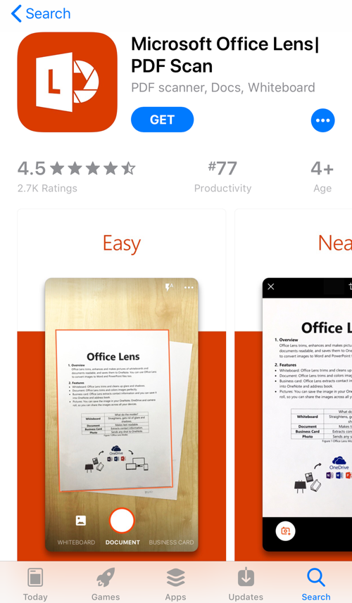 A screenshot showing Microsoft Office Lens in the iTunes App Store.