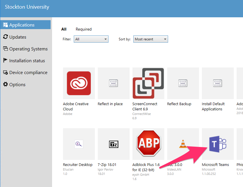 A screenshot depicting the Microsoft Teams icon in Stockton's Software Center.