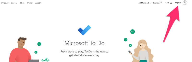A screenshot of todo.microsoft.com highlighting the Sign In button.