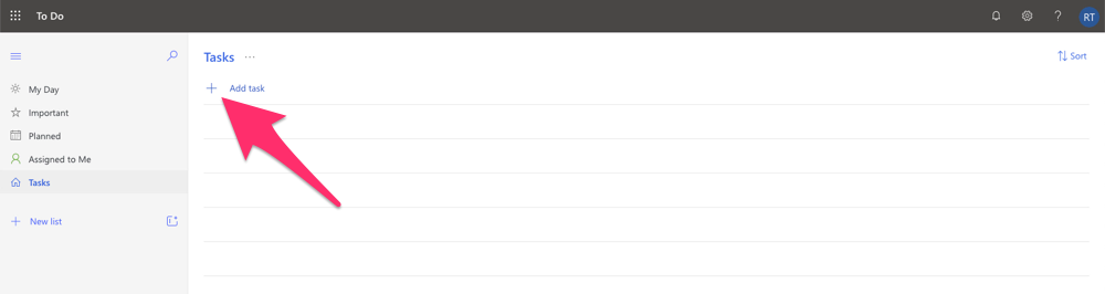 A screenshot of Microsoft To Do's web interface, with an arrow pointing towards the "Add Task" button.