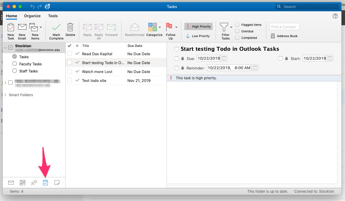 A screenshot of tasks created in Microsoft To Do, displaying within the Tasks pane of Microsoft Outlook.