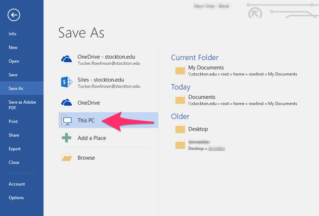 screenshot displaying the "this pc" menu entry in the "save as" dialog in Microsoft Word