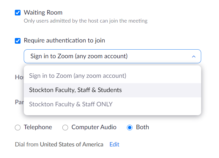  A screenshot of the Zoom interface, showing the Require authentication to join setting and its corresponding drop-down menu.