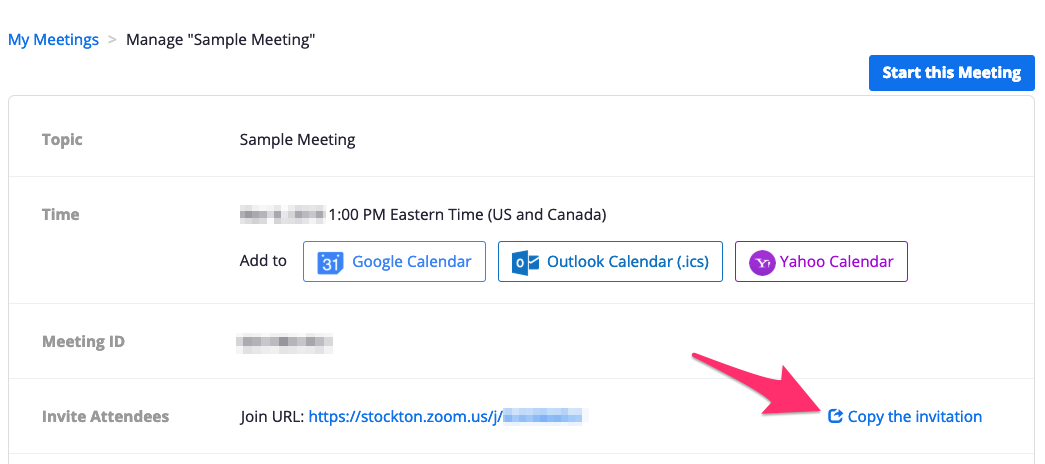 A screenshot showing the location of the button "copy the invitation" which can be found after scheduling a zoom meeting.