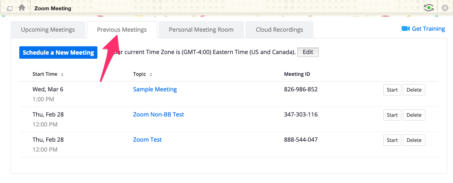 A screenshot showing the Zoom "Previous Meetings" menu, with an arrow pointing to the tab title.