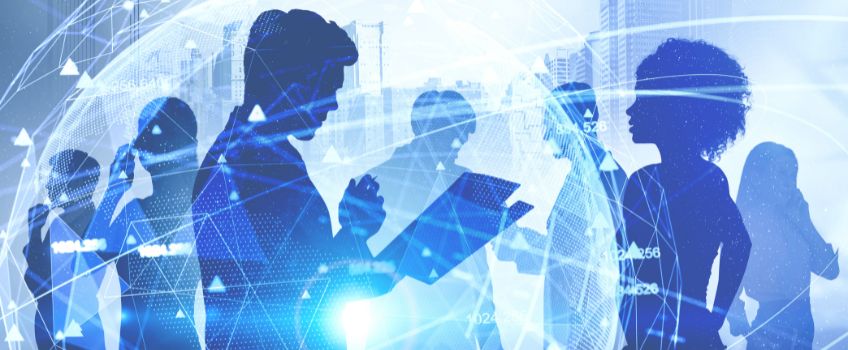 Business Learning Silhouettes of young people on background of digital numbers and geometric shapes