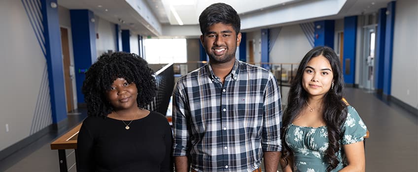 From left, Betsaida Viljoint, Ziaul Hoque and Dayanara Villanueva are three of the four Stockton sophomores selected for the Engelberg Leadership Scholarship Program. Not pictured is Sadia Mihi.